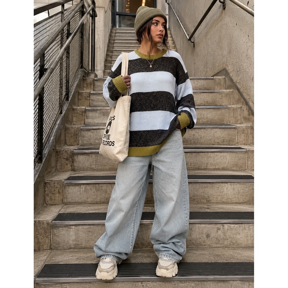 Vintage Urban Outfitters Striped Oversized Color Block Knit Crewneck Sweater Lrg